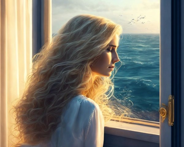 Woman gazing out a sunlit window at the ocean