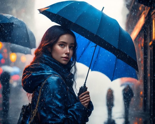 Young woman with blue umbrella in rainy urban setting