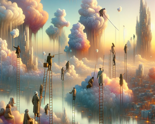 Dreamlike Landscape with Ladders and Colorful Clouds