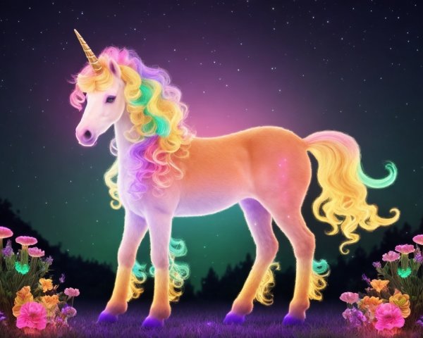 Whimsical Unicorn in a Vibrant Night Landscape