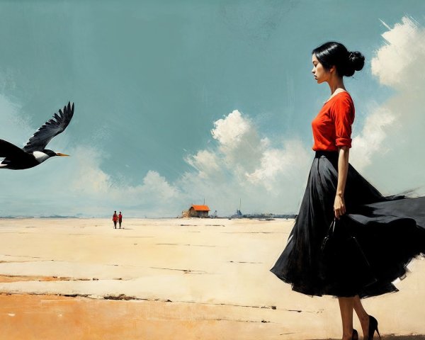 Serene Seascape with Woman and Coastal Landscape