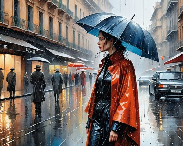 Stylish Woman with Umbrella on Rainy City Street