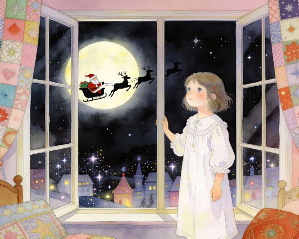 Watercolor Illustration of a Girl by a Moonlit Window