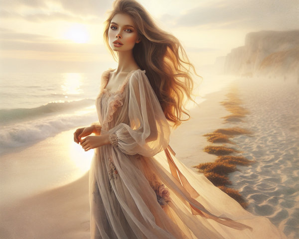 Woman in Flowing Gown on Beach at Sunset