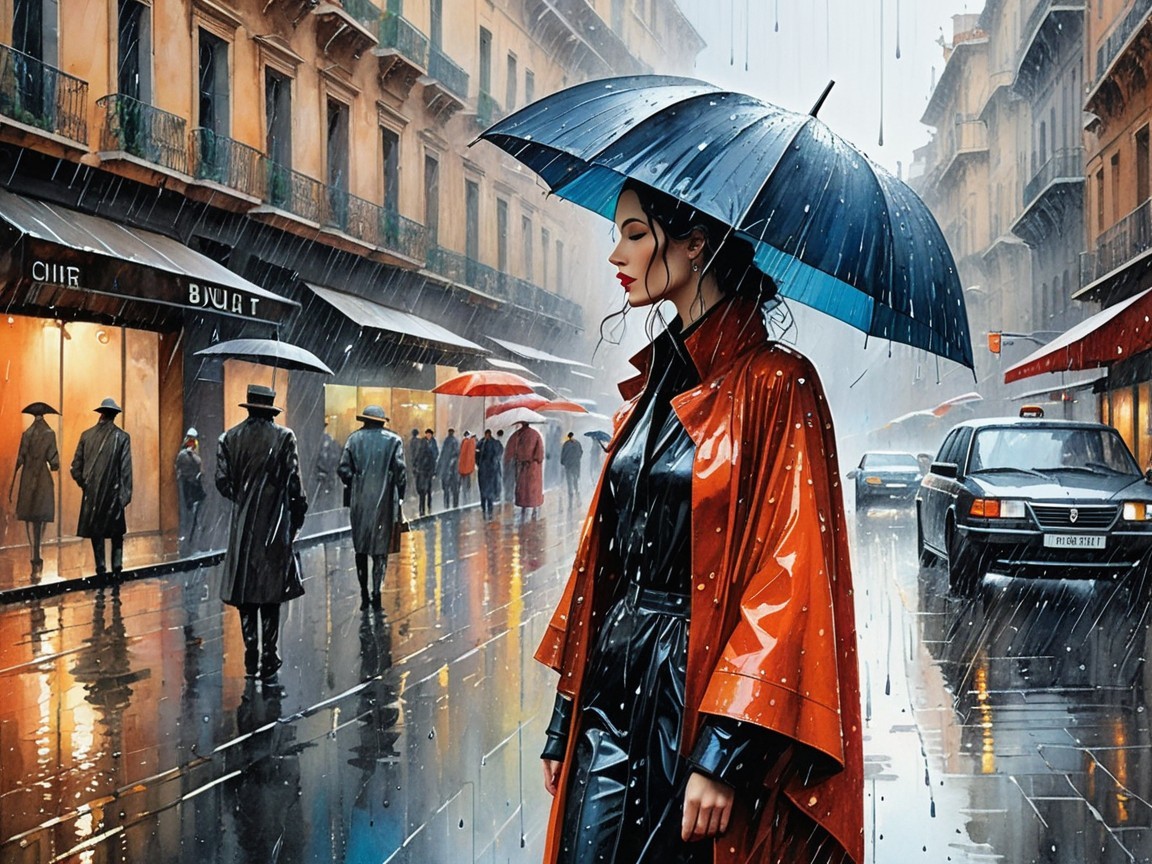 Stylish Woman with Umbrella on Rainy City Street