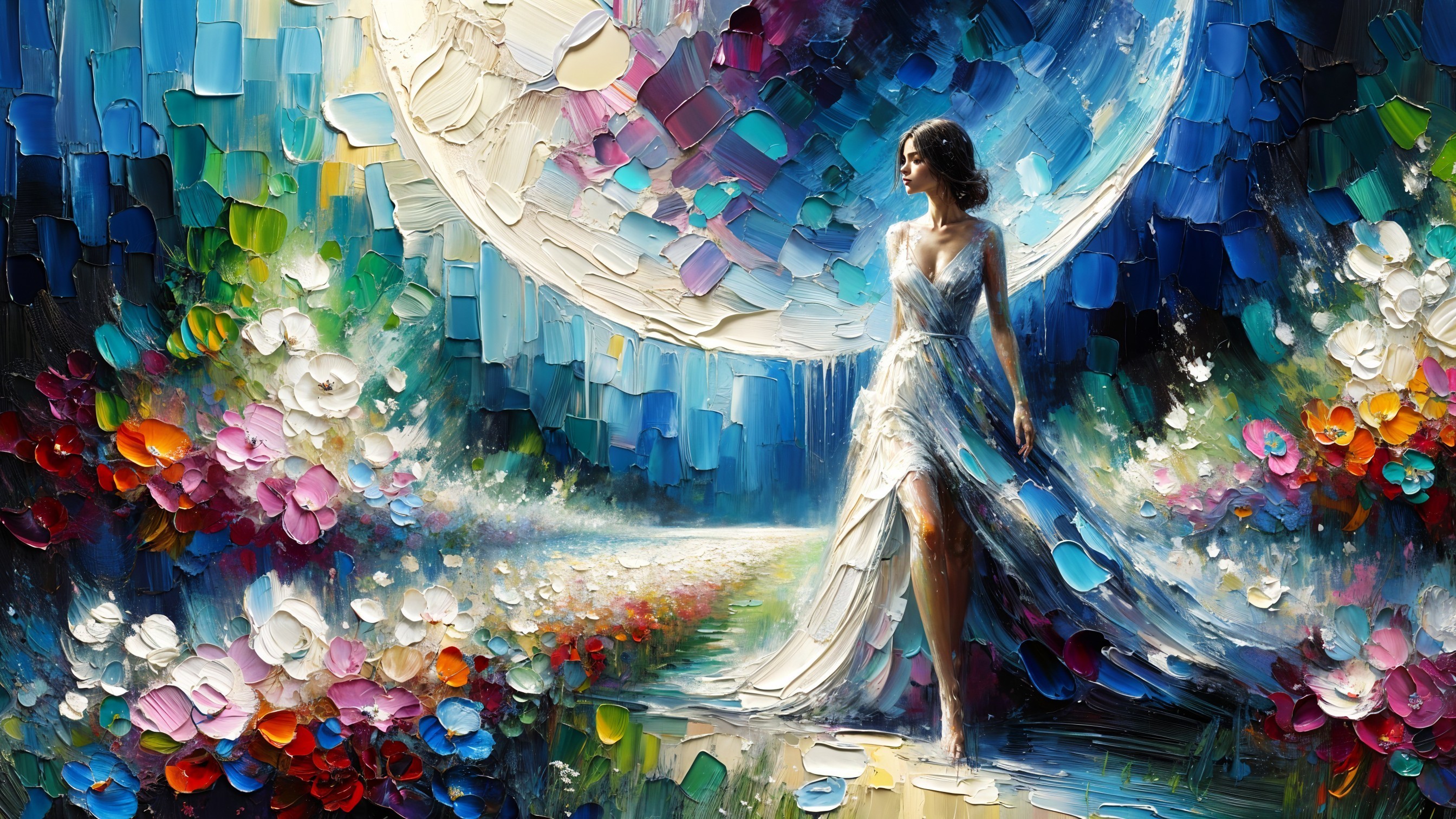 Impressionistic Landscape with Woman and Luminous Moon