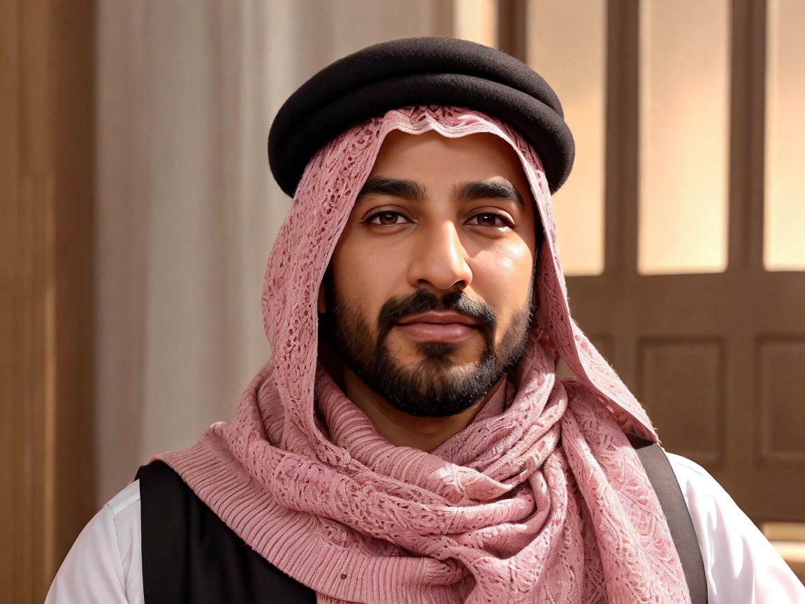 Young man in traditional attire with pink scarf and beard