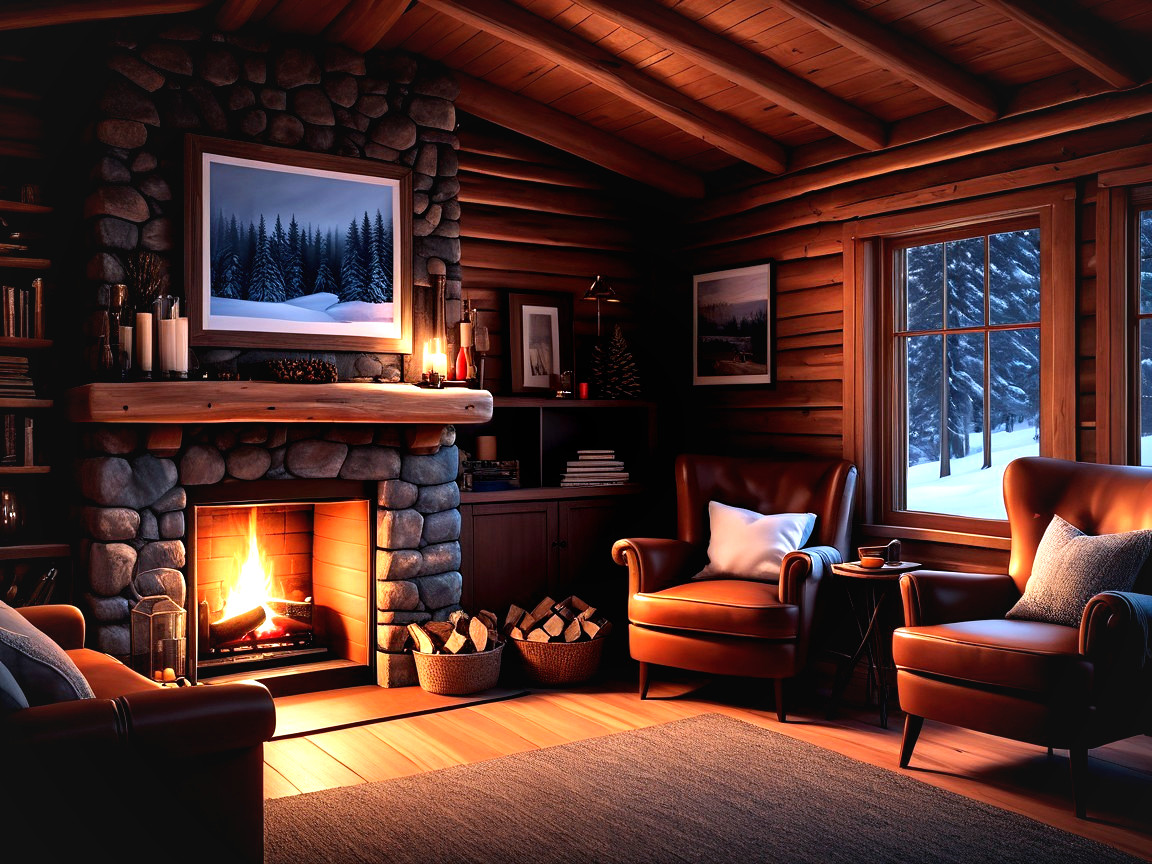 Cozy Cabin Interior with Stone Fireplace and Rustic Decor