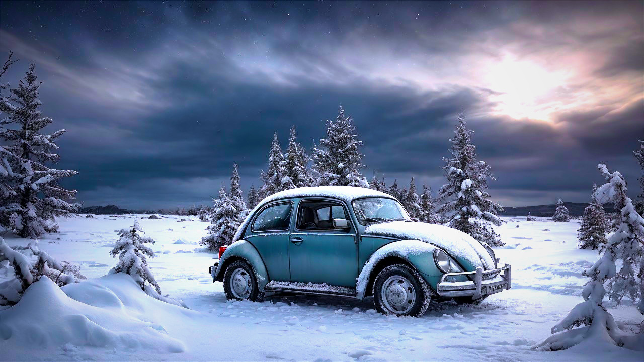 Vintage Car in Serene Winter Landscape with Snow