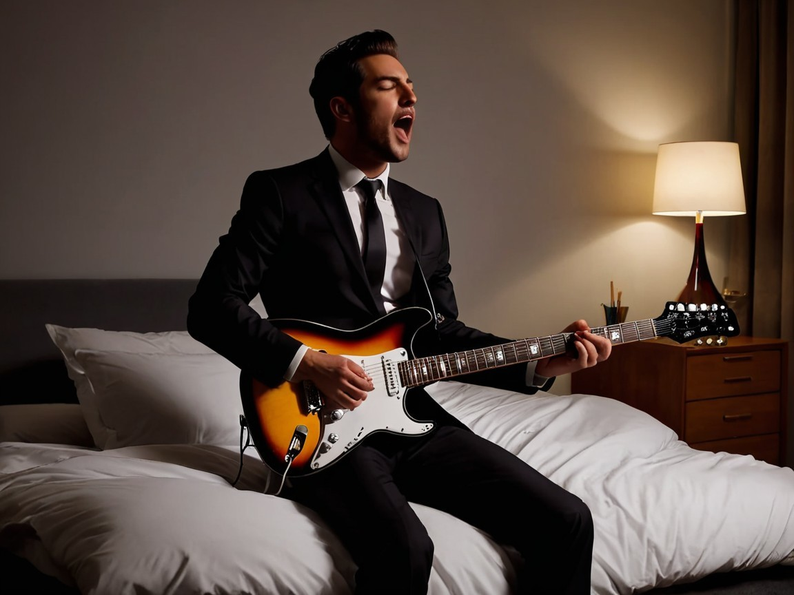 Man in Suit Playing Electric Guitar on Bed