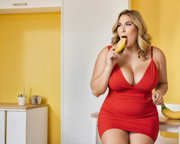 Woman in Red Dress Posing in Bright Kitchen Setting