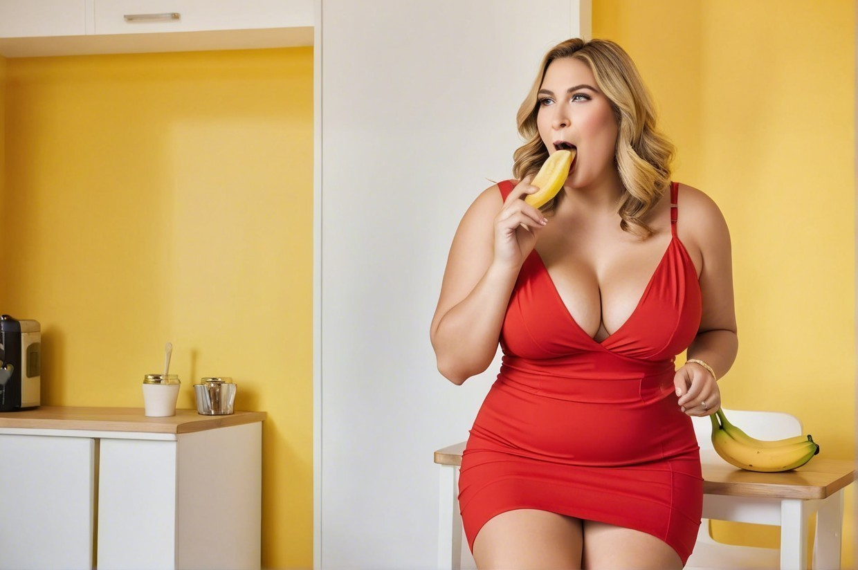 Woman in Red Dress Posing in Bright Kitchen Setting