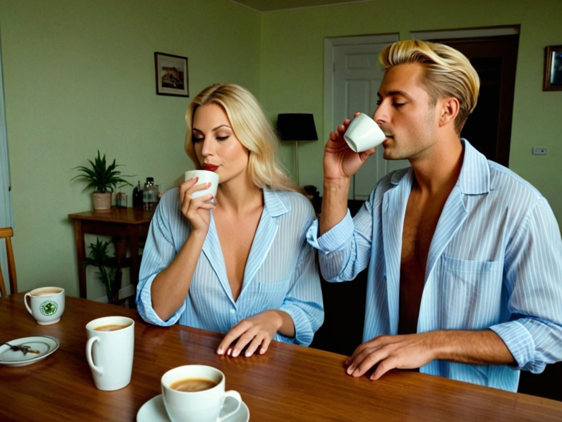 Cozy Couple in Matching Pajamas at Wooden Table