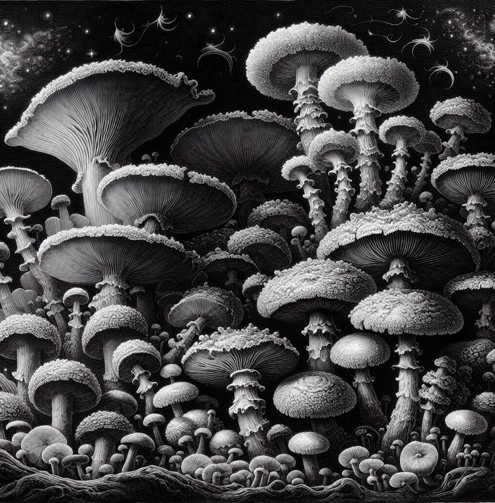 Monochromatic Mushrooms in a Surreal Fantasy Scene