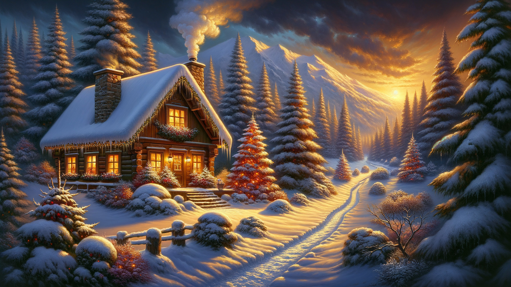 Cozy Cabin in Snowy Pine Forest at Sunset