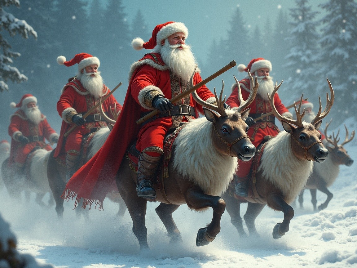 Whimsical Winter Scene with Santas and Reindeer