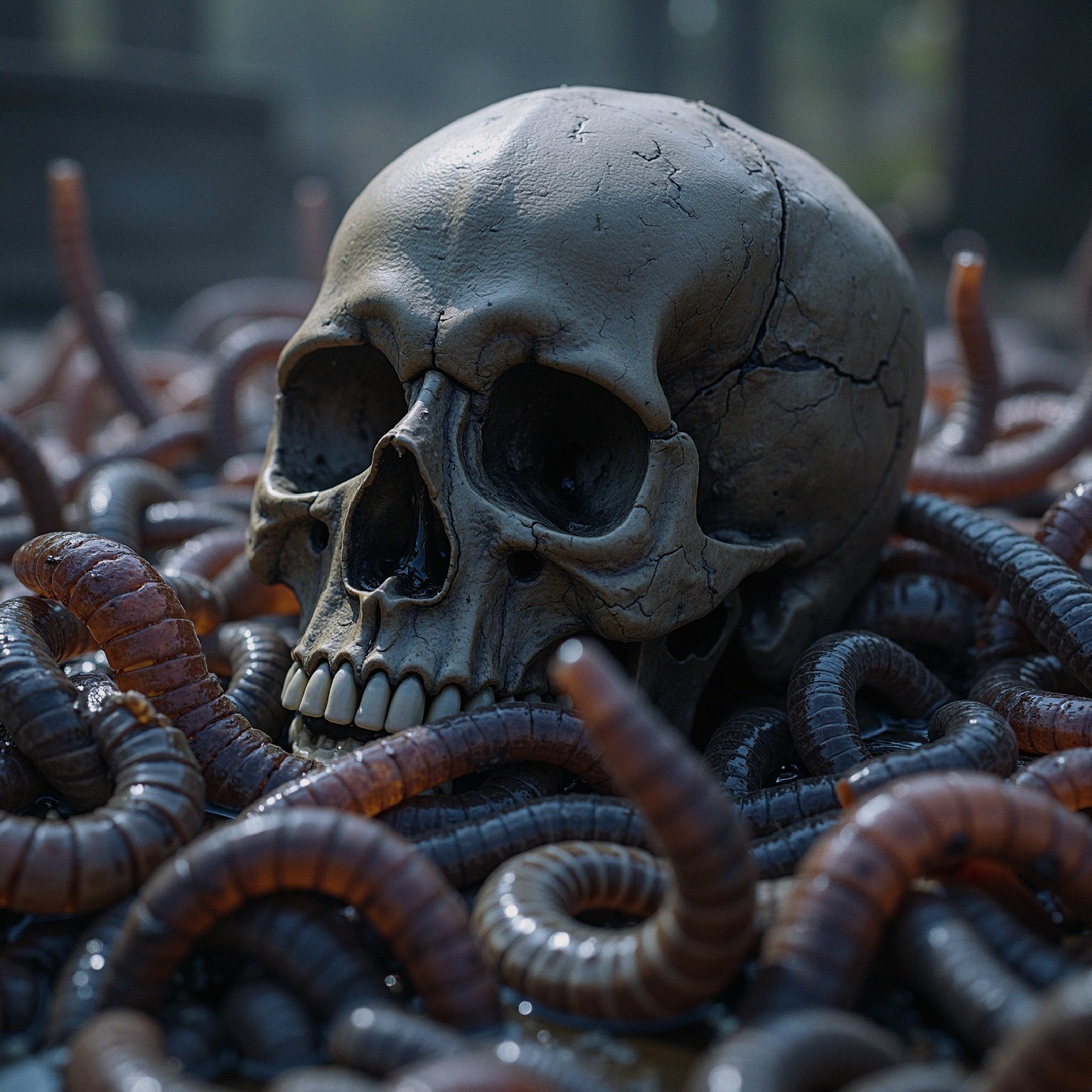 Realistic human skull with glossy worms in dark setting