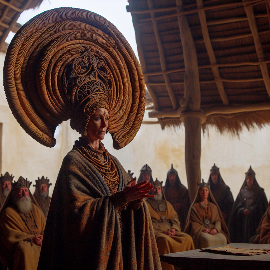 Regal Figure in Ceremonial Attire Surrounded by Observers