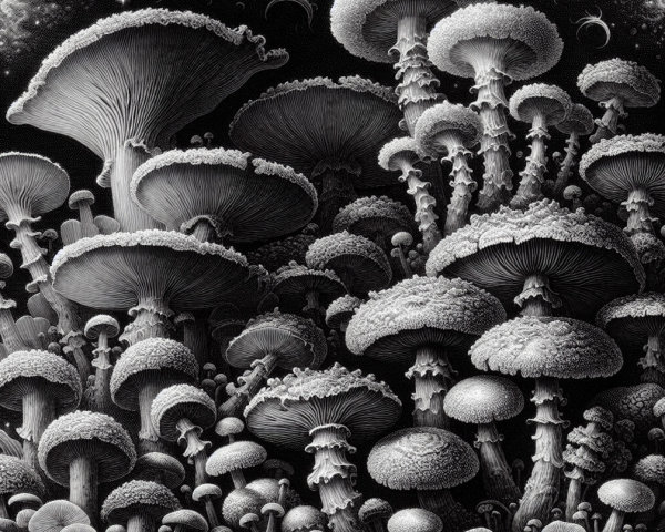 Monochromatic Mushrooms in a Surreal Fantasy Scene