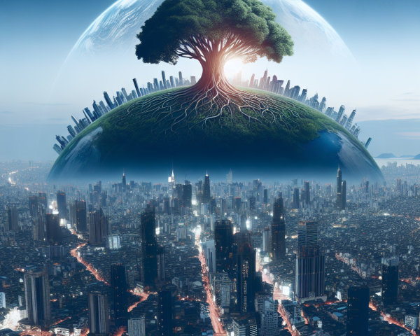 Futuristic cityscape with giant tree and skyline harmony