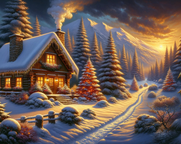 Cozy Cabin in Snowy Pine Forest at Sunset