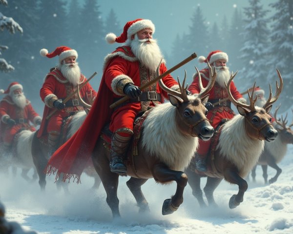 Whimsical Winter Scene with Santas and Reindeer