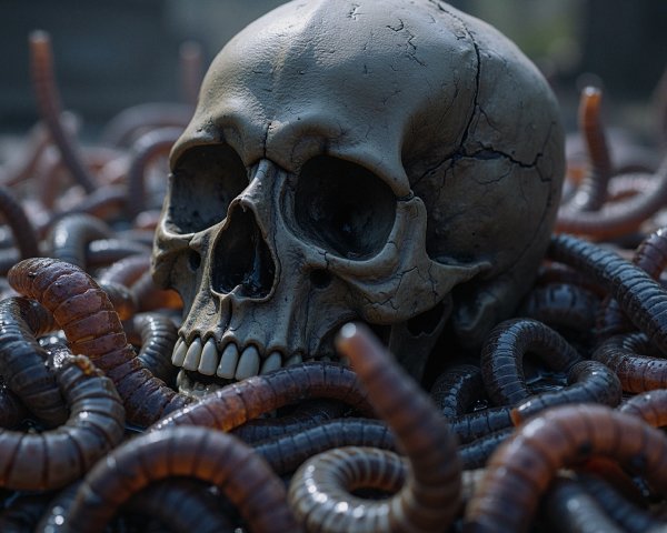 Realistic human skull with glossy worms in dark setting