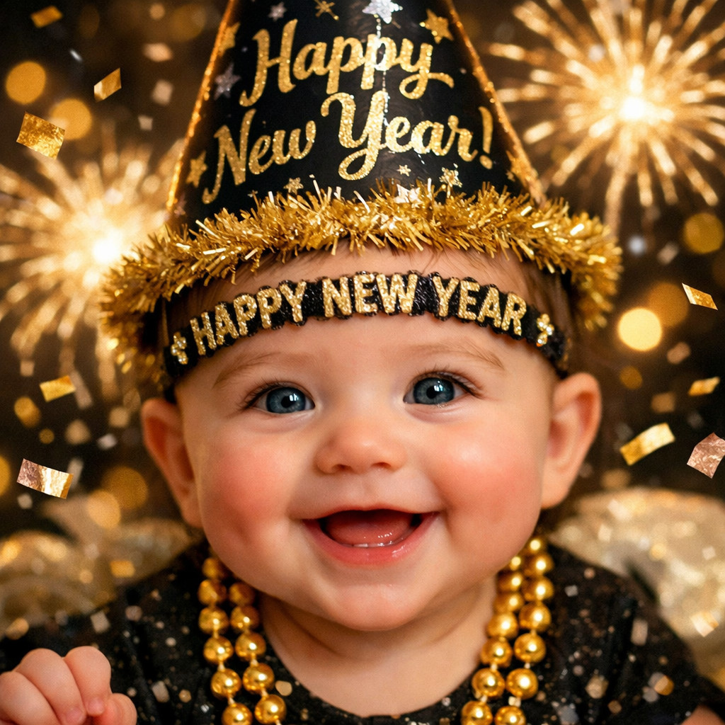 Joyful Baby in Party Hat Surrounded by Confetti