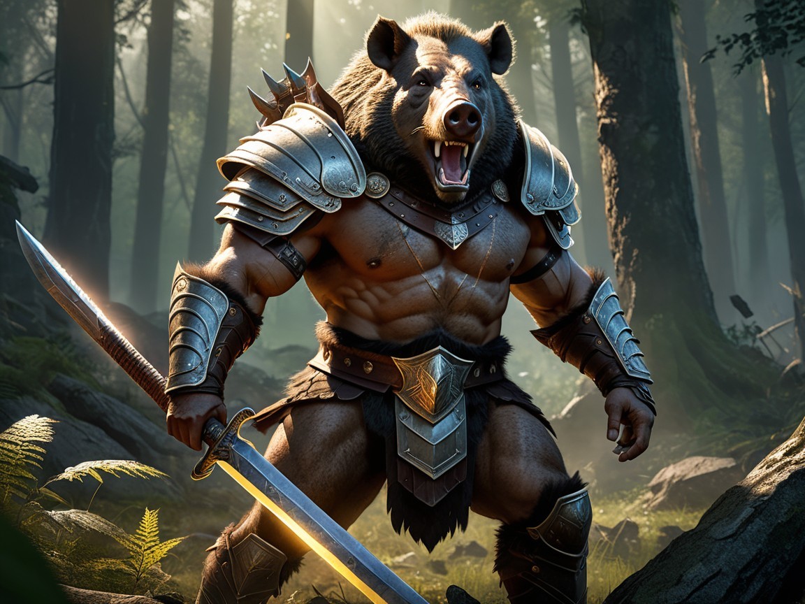 Warrior with Bear Head in Ethereal Forest Setting