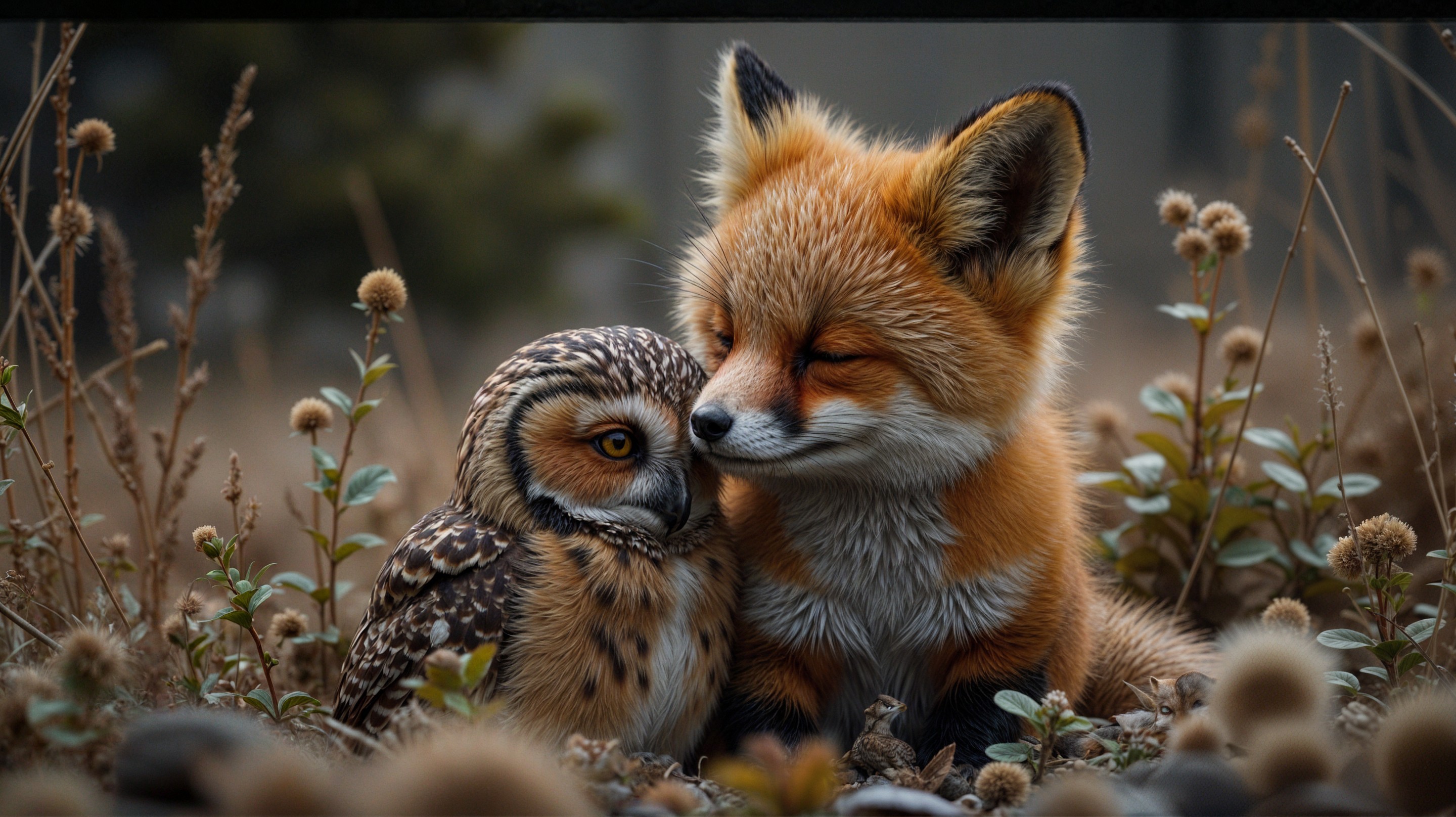 Fox and Owl in a Peaceful Natural Setting