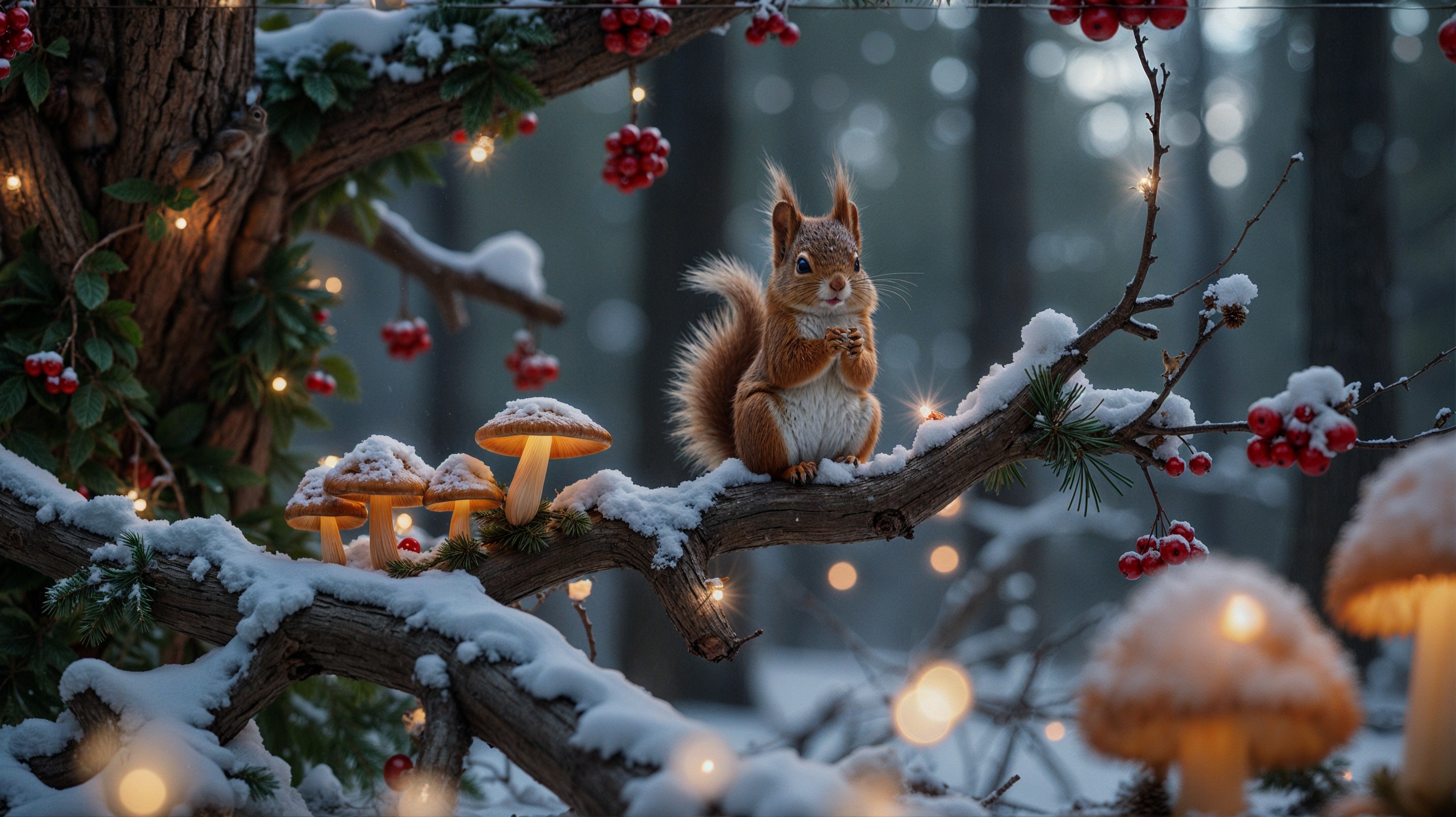 Snowy Forest Scene with Squirrel and Fairy Lights