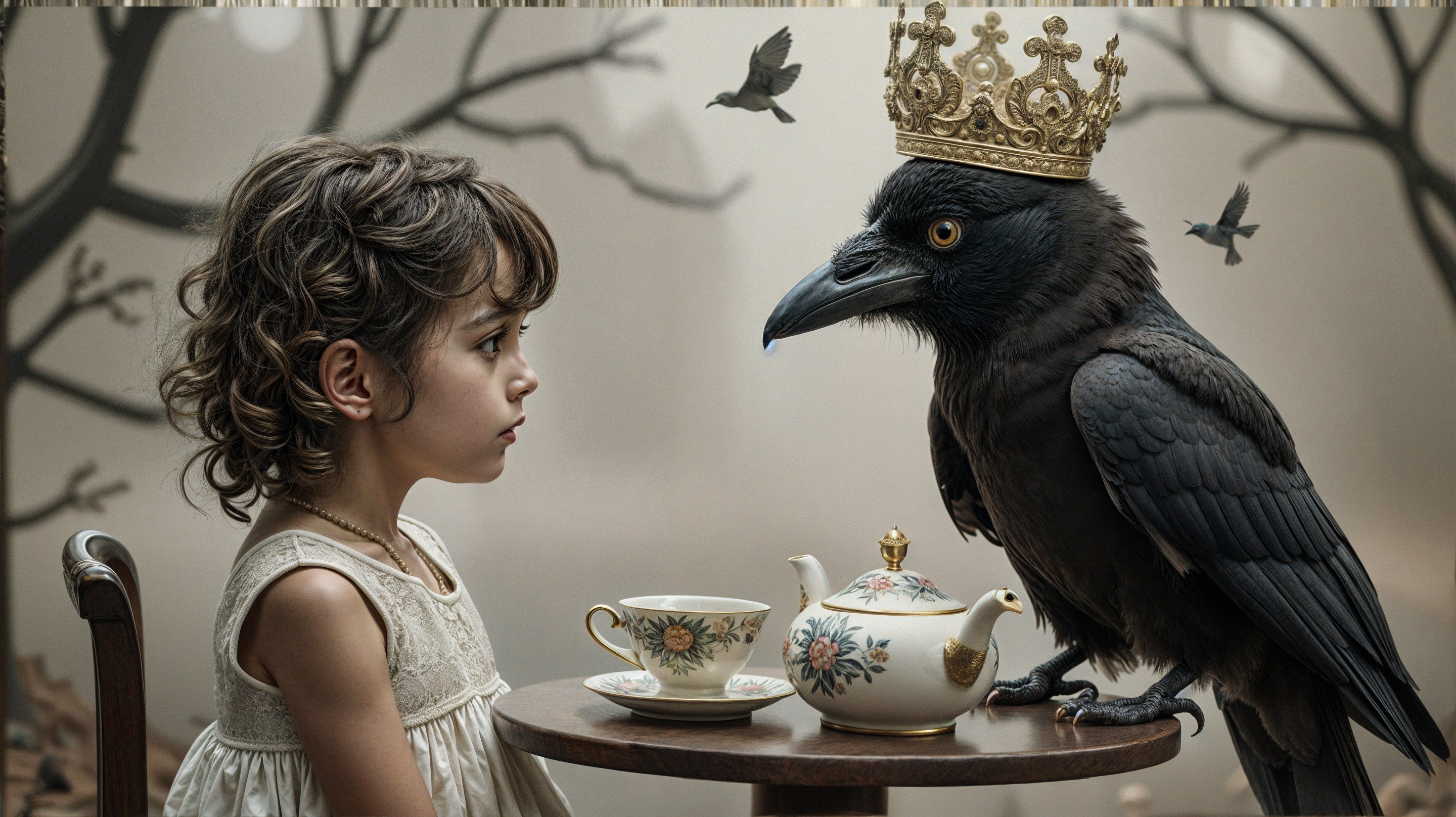 Young girl and crowned raven share whimsical tea scene