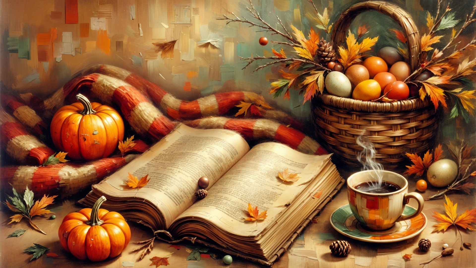 Cozy Autumn Scene with Book, Coffee, and Leaves