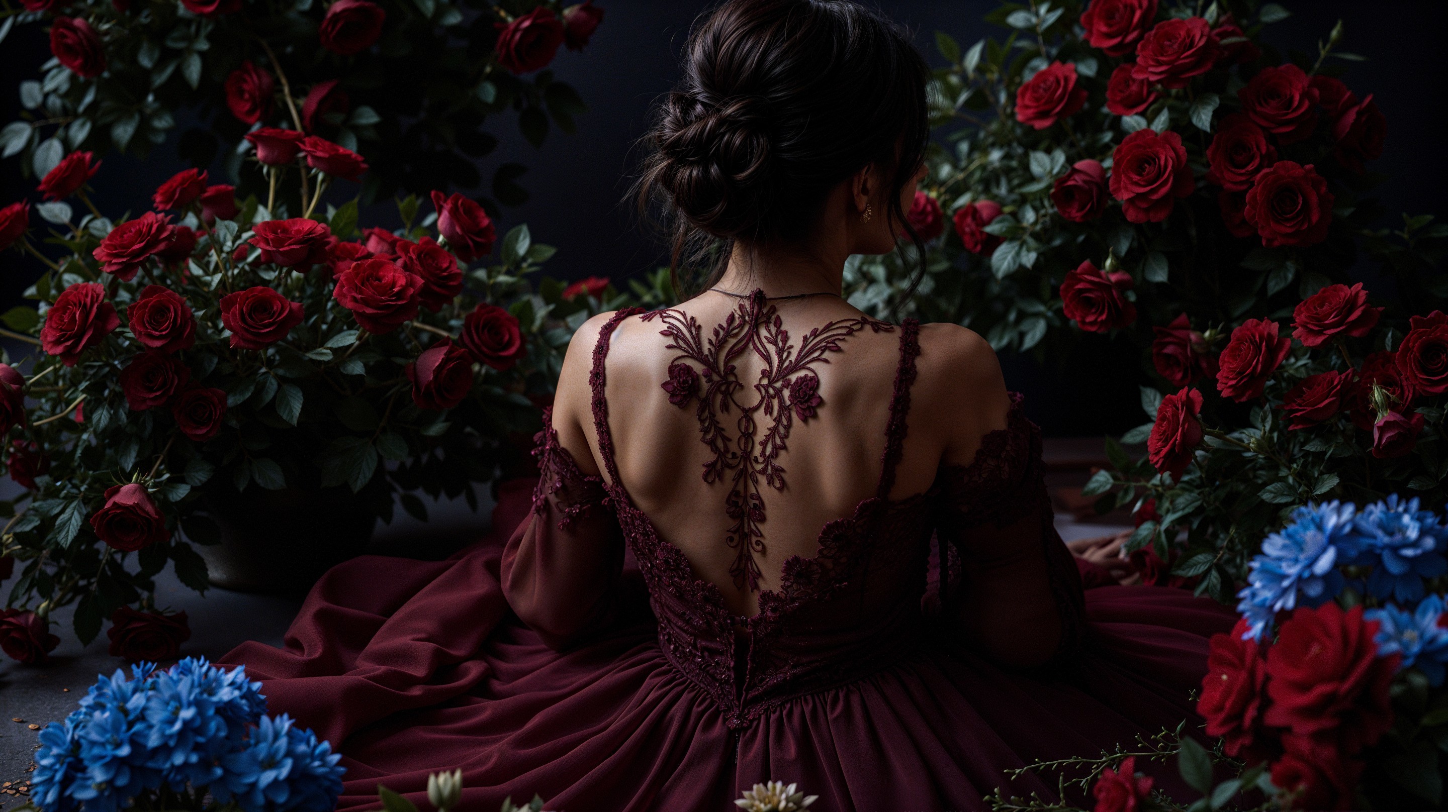 Woman in Burgundy Gown Surrounded by Flowers
