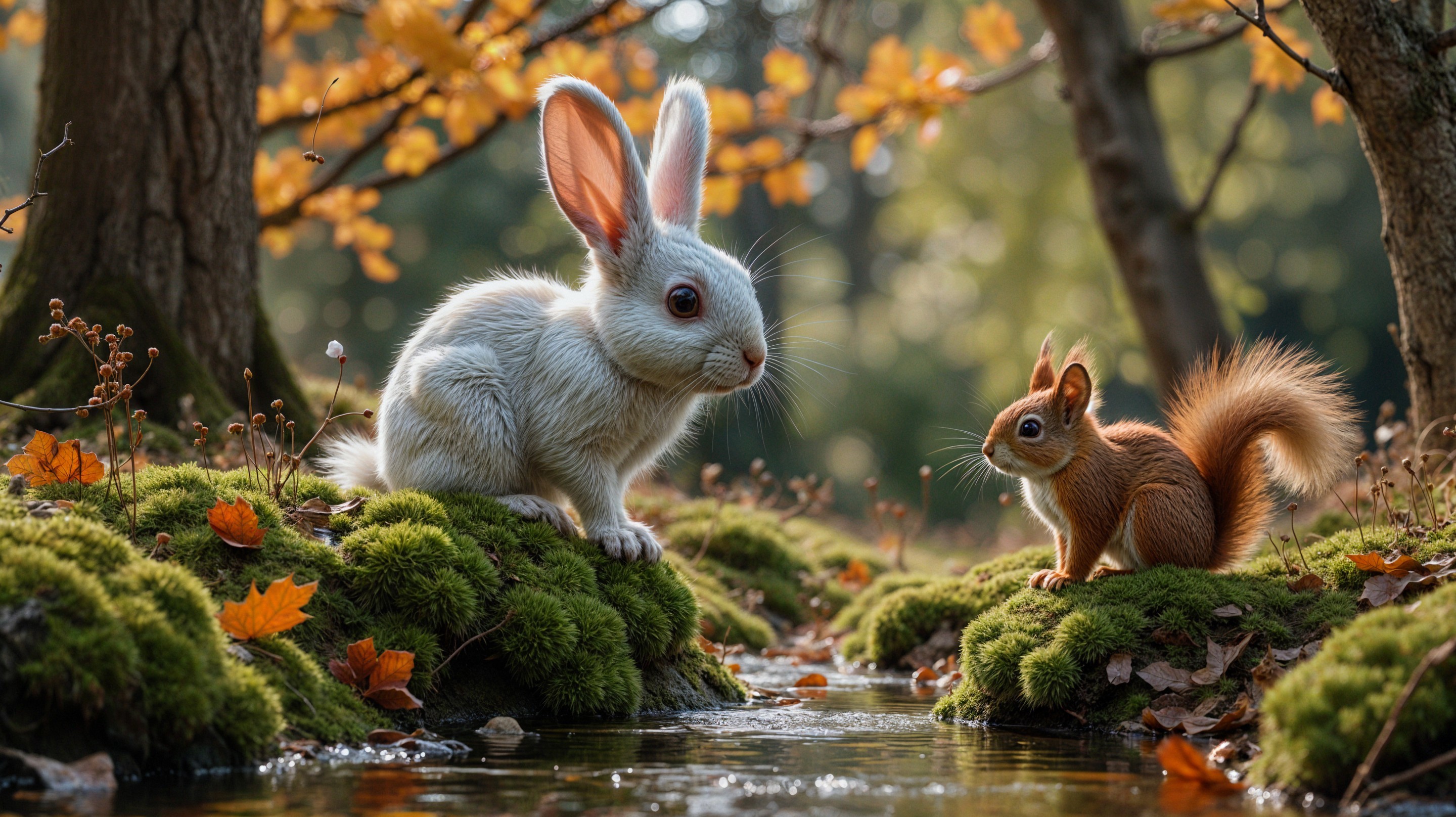 White Rabbit and Squirrel by a Serene Stream