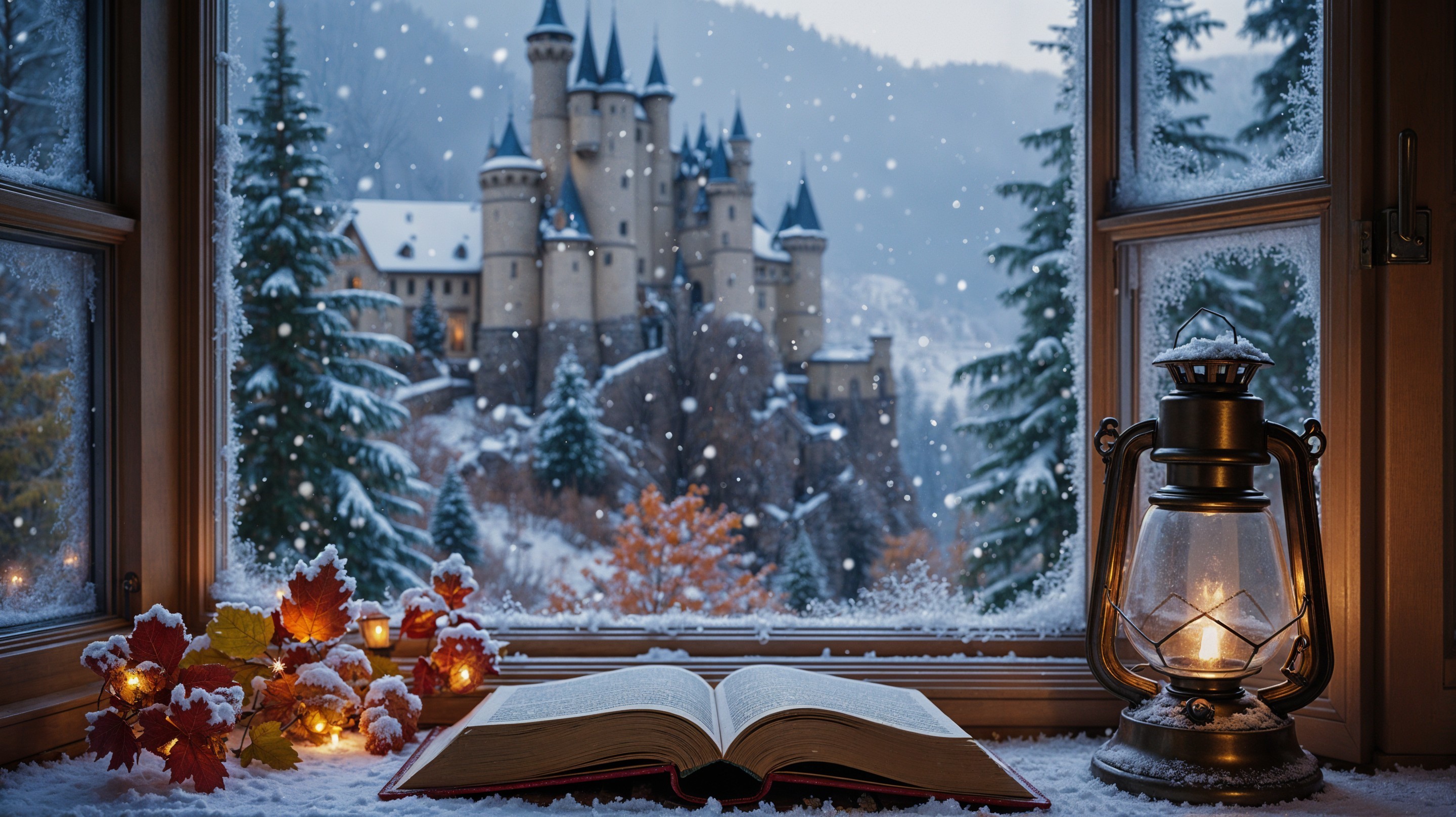 Frosty Window View of Castle with Cozy Book Setting