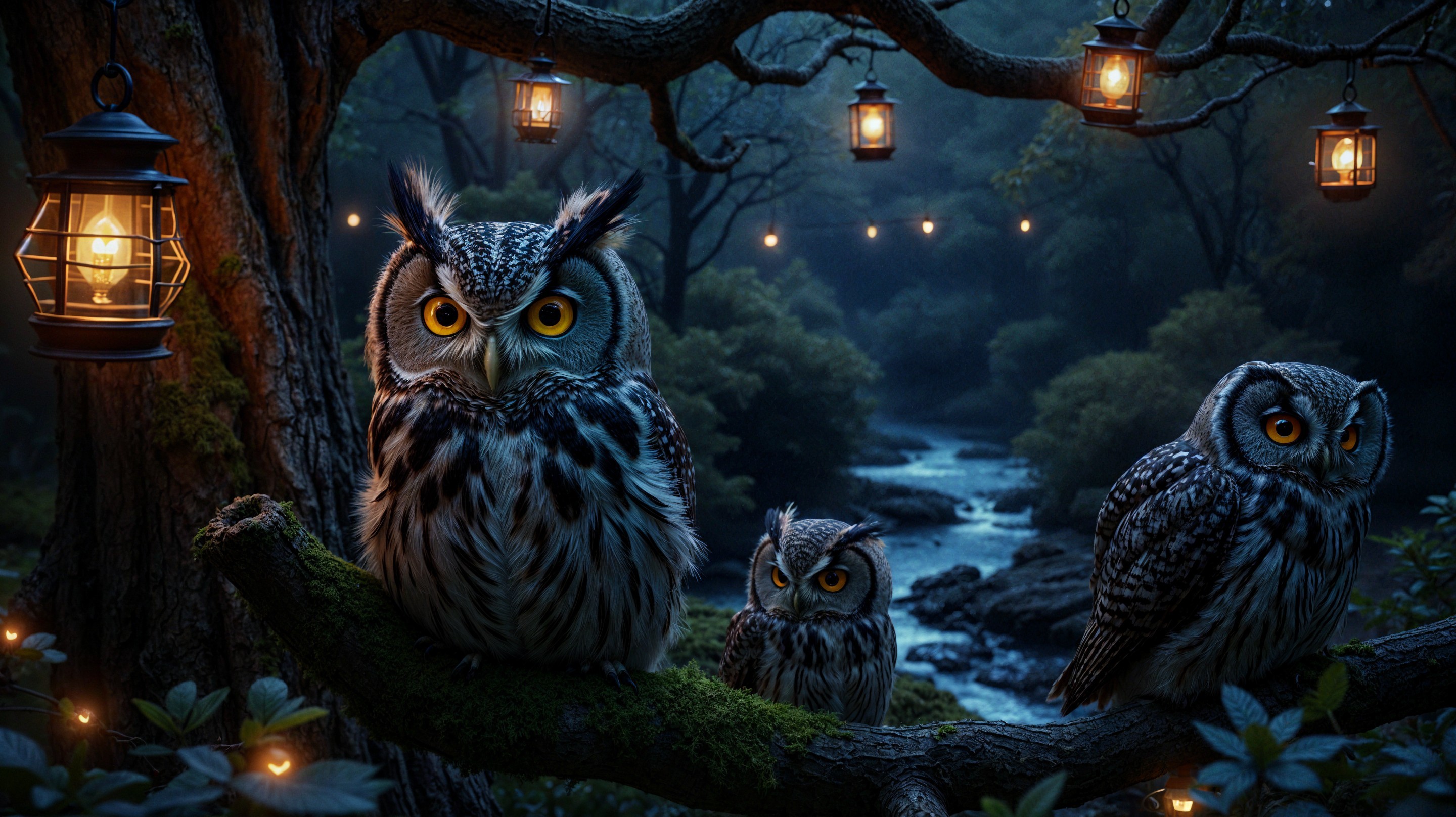 Moonlit Forest Scene with Owls and Lanterns