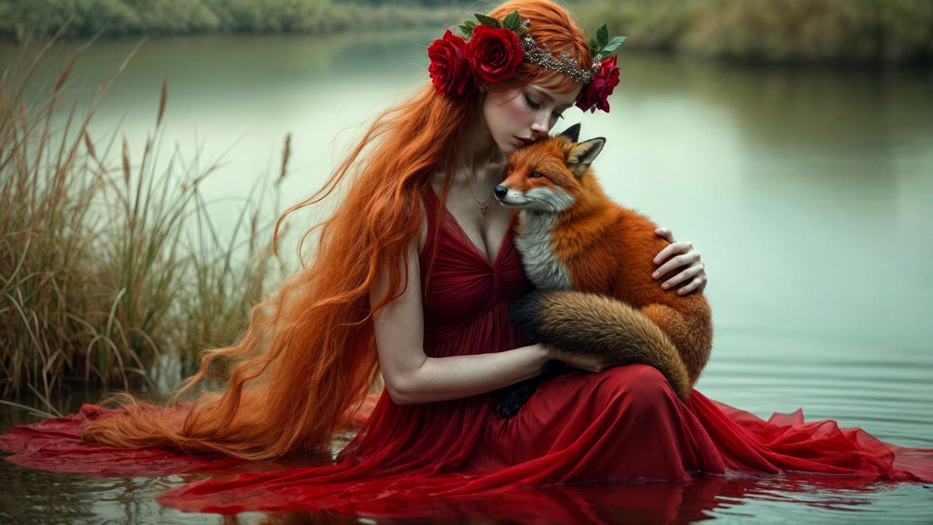 Serene Scene of Woman with Fox by Tranquil Water