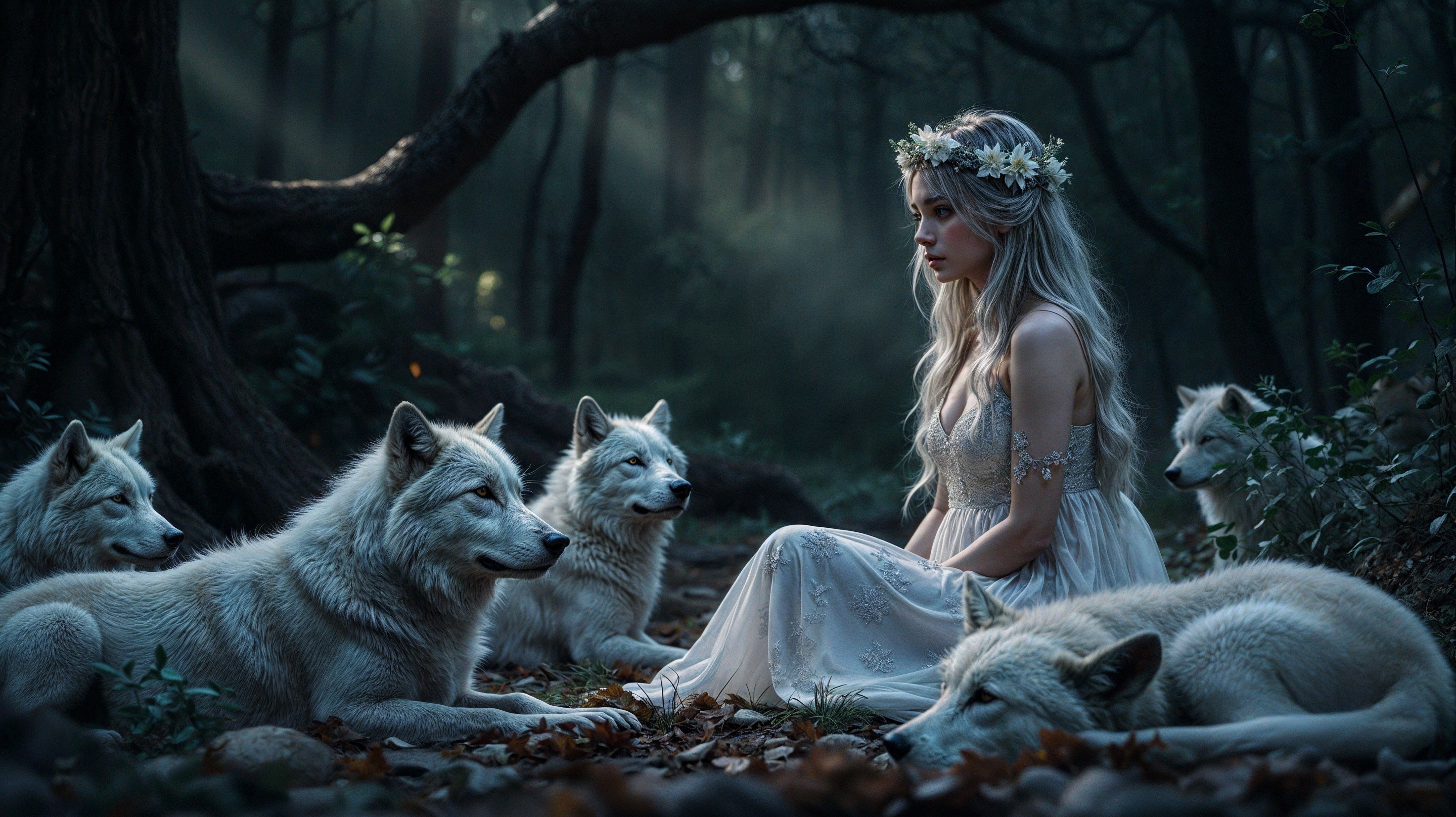 Young woman in white dress with white wolves in forest