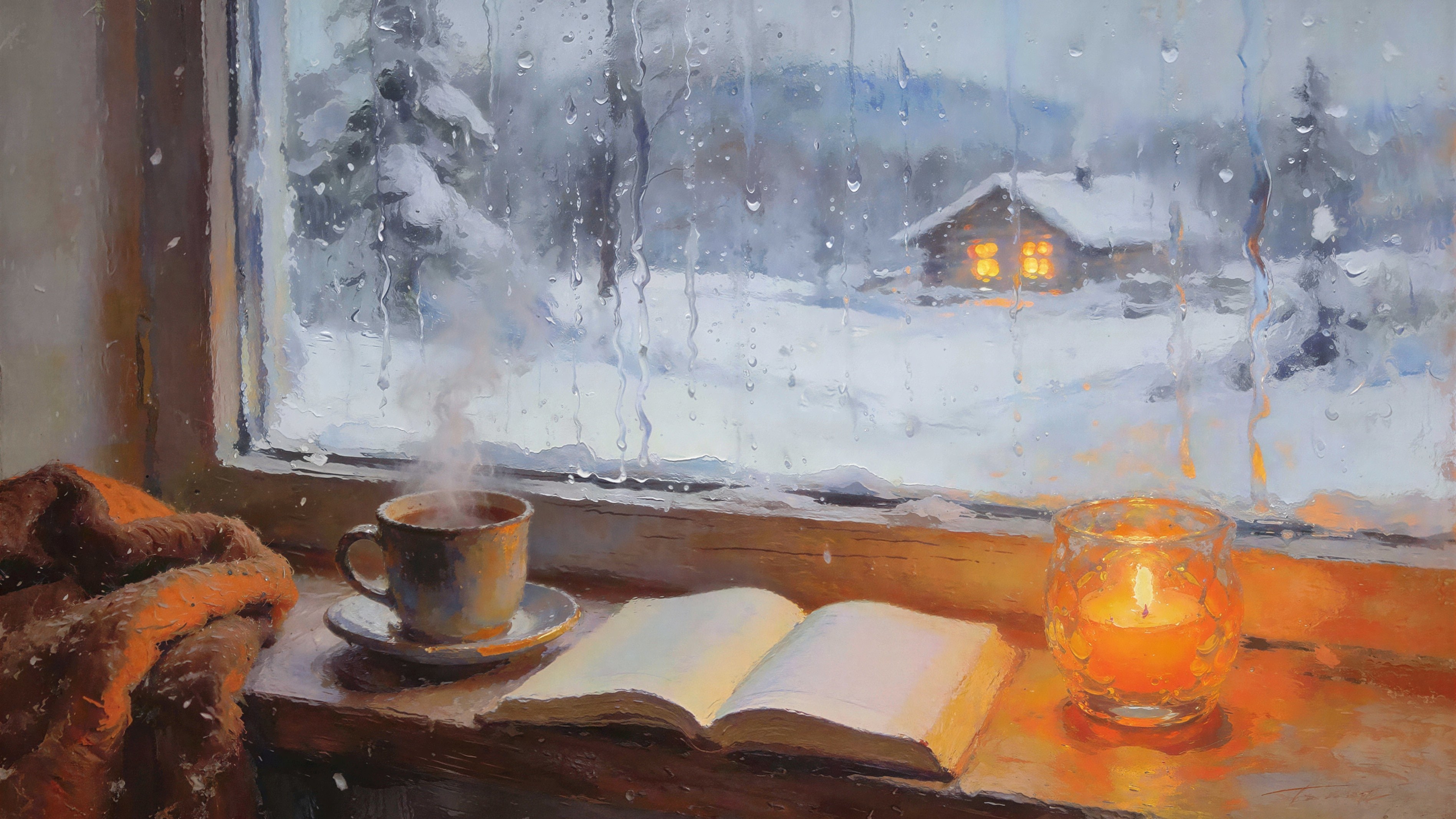 Cozy Windowsill Scene with Tea, Book, and Snowy View