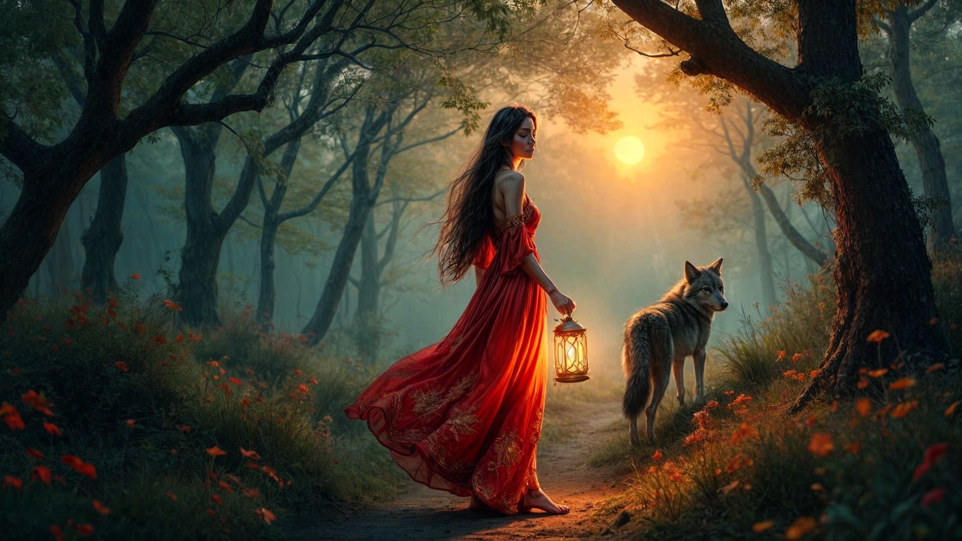 Young Woman in Red Dress with Lantern in Forest