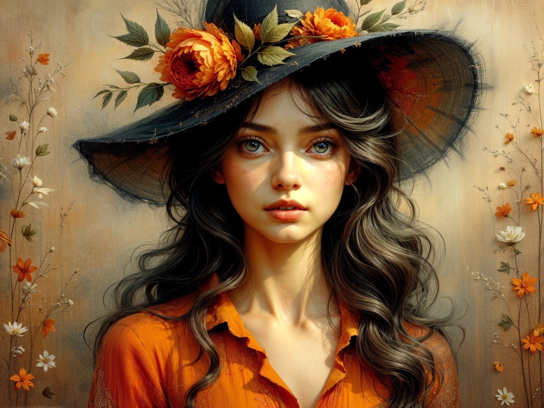 Portrait of a woman in a floral-themed setting
