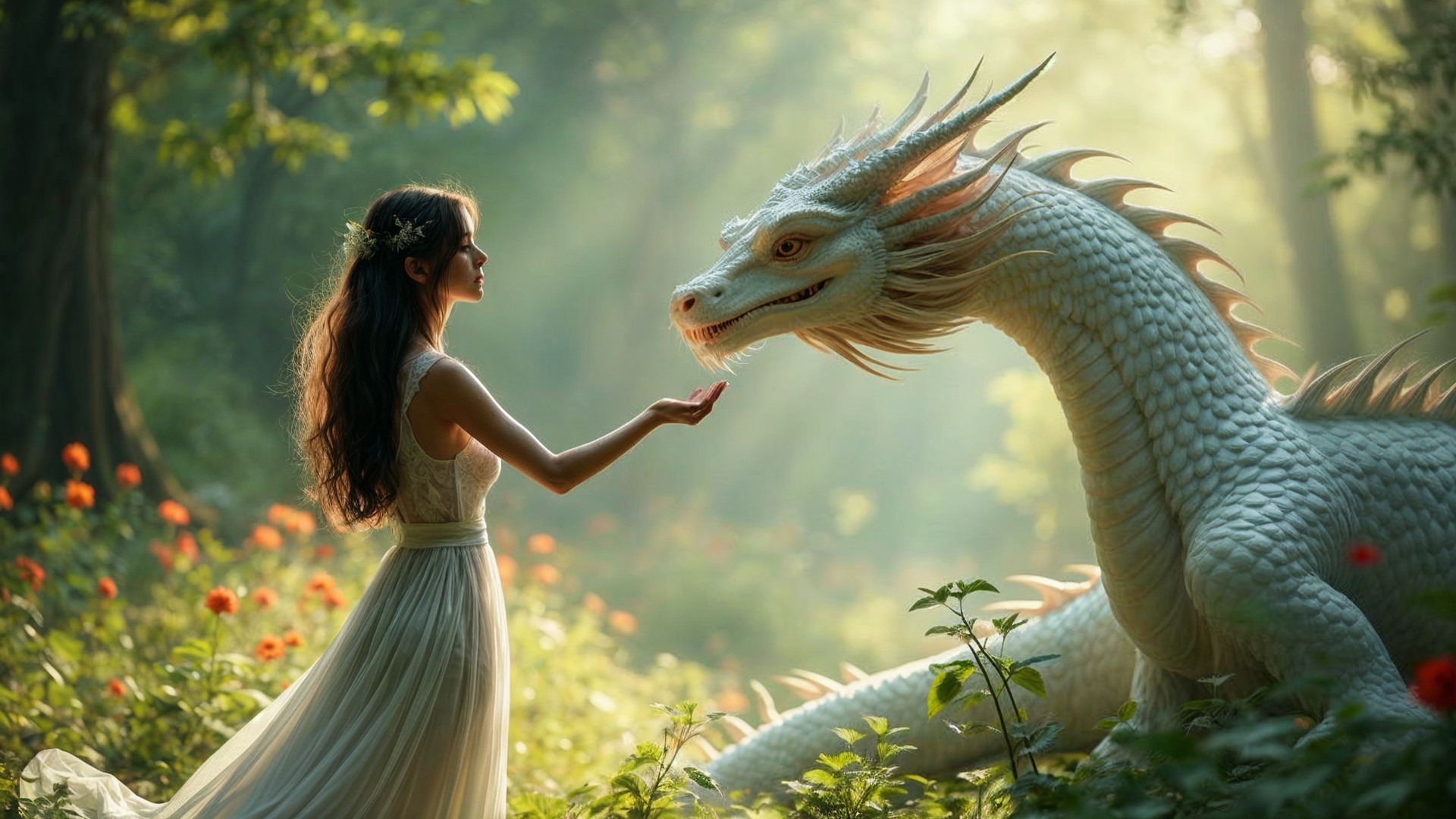 Young woman and white dragon in mystical forest scene