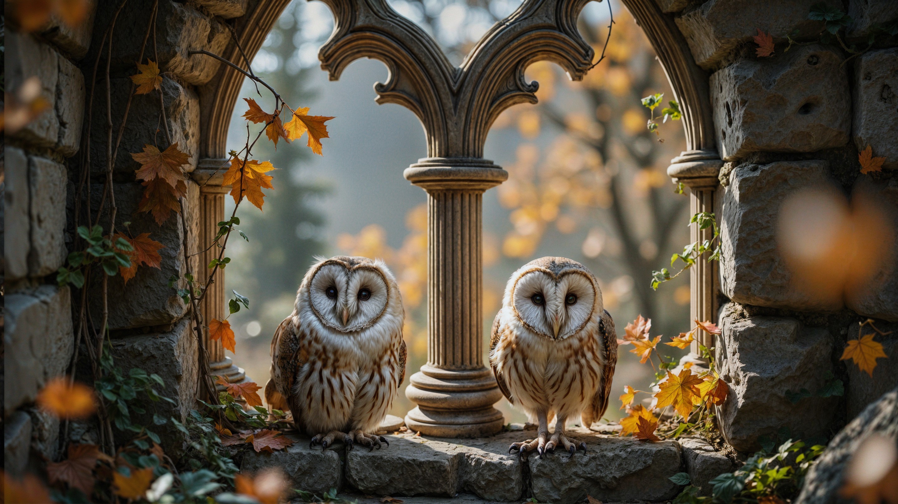 Barn Owls on Stone Ledge by Ornate Window in Autumn