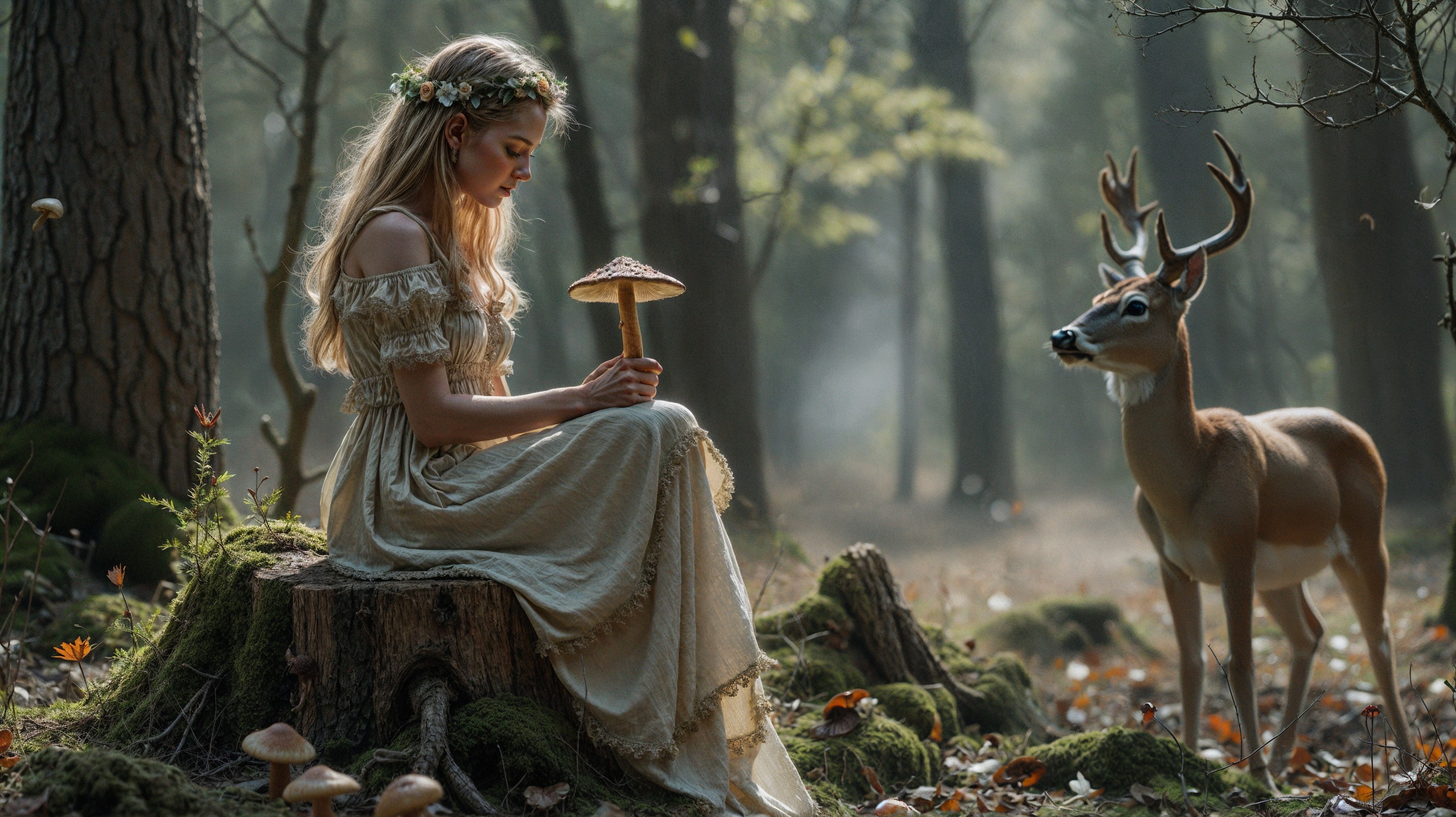 Young woman in vintage dress with deer in forest