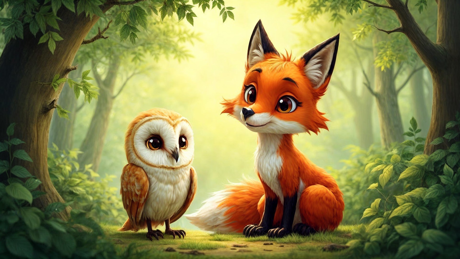 Charming Red Fox and Barn Owl in Forest Clearing