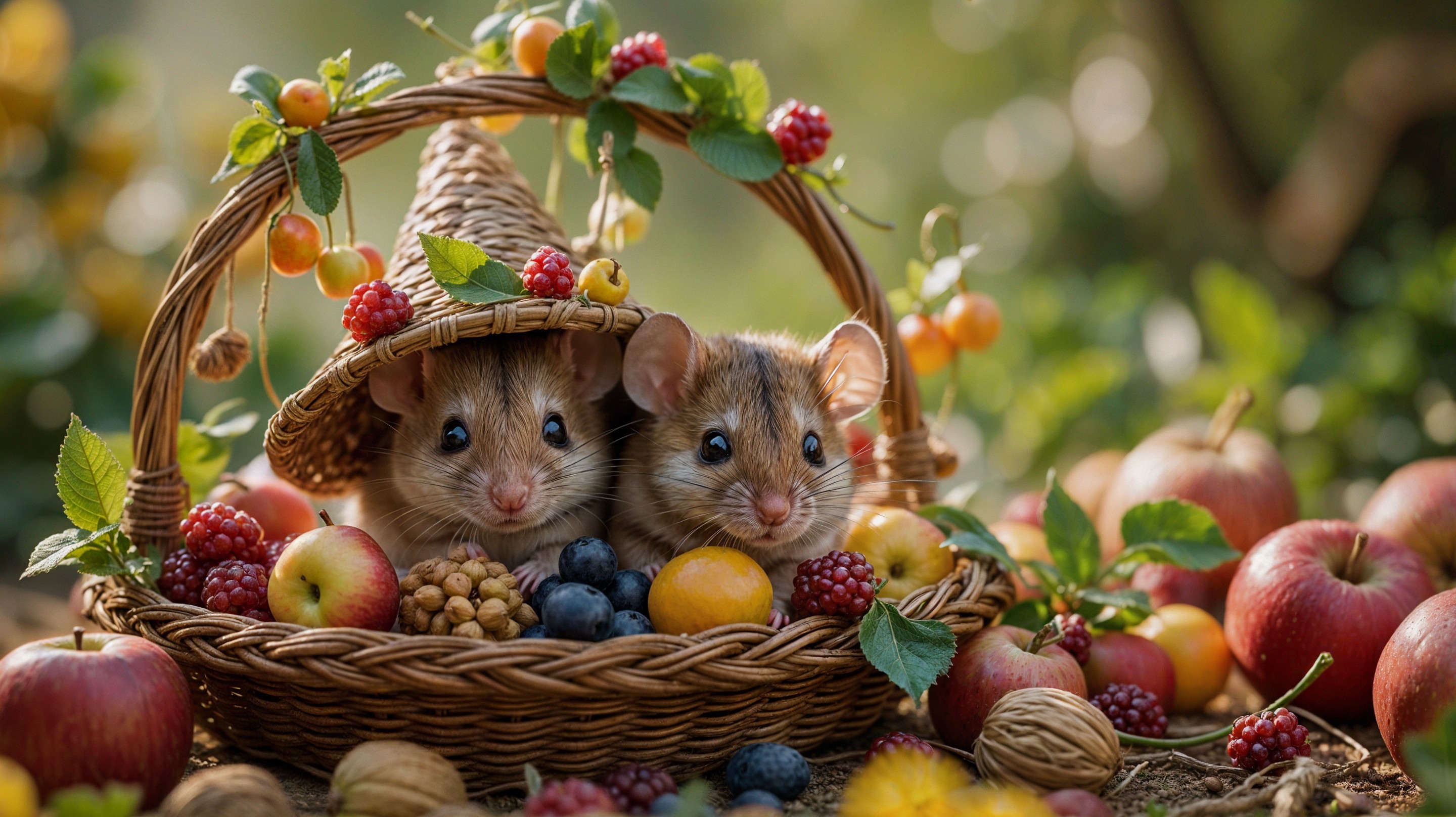 Hamsters in a Basket Surrounded by Autumn Fruits