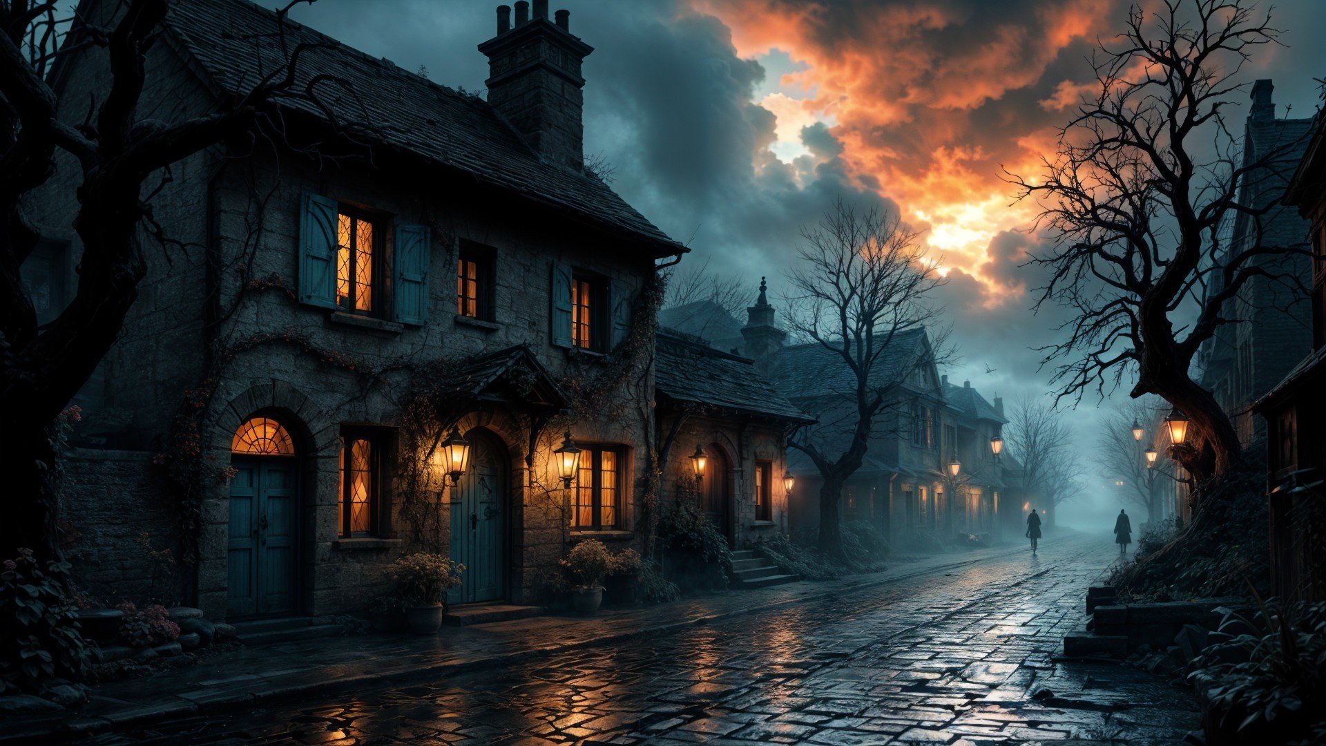 Twilight Scene of an Old Village with Cobblestone Street