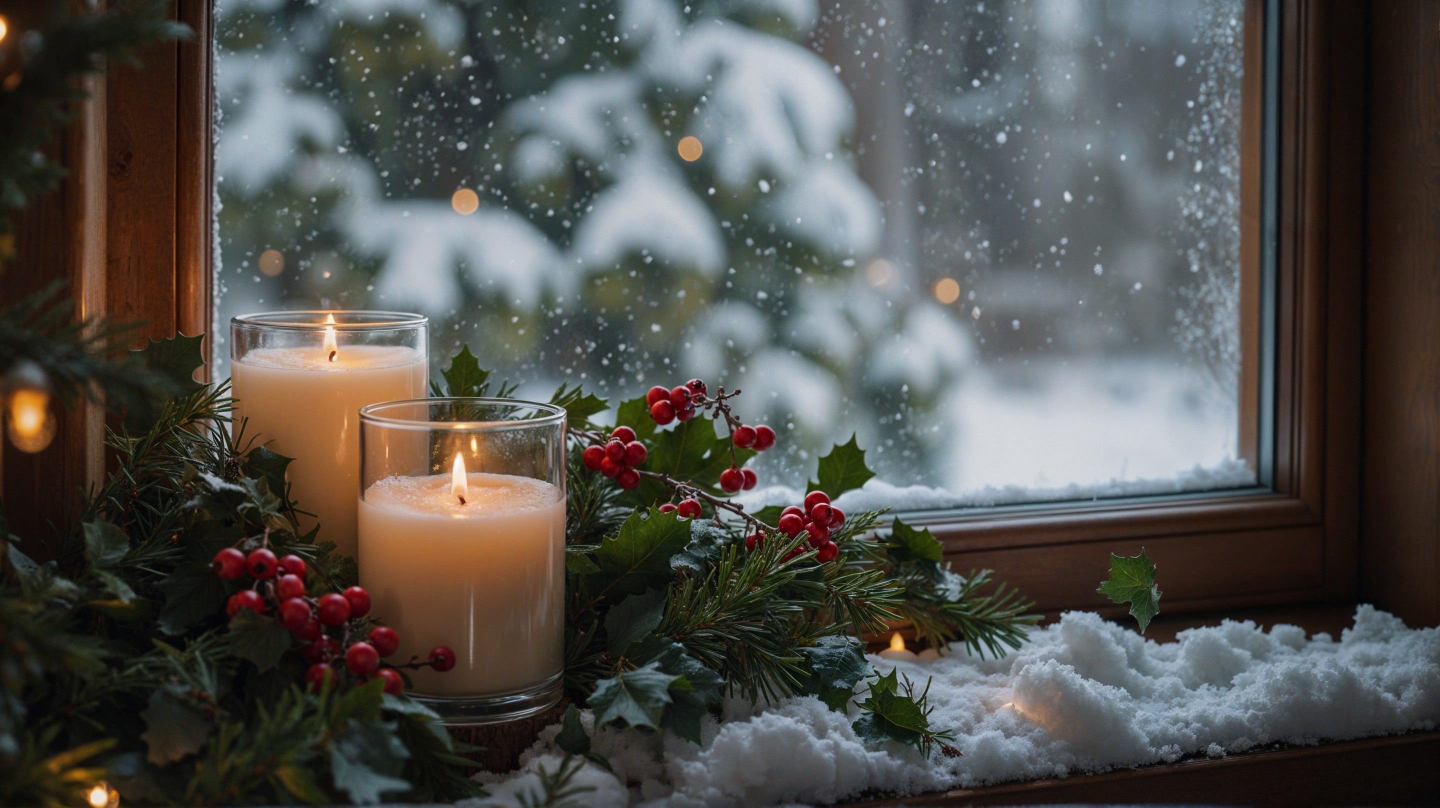 Cozy Winter Scene with Candles and Snowy Landscape