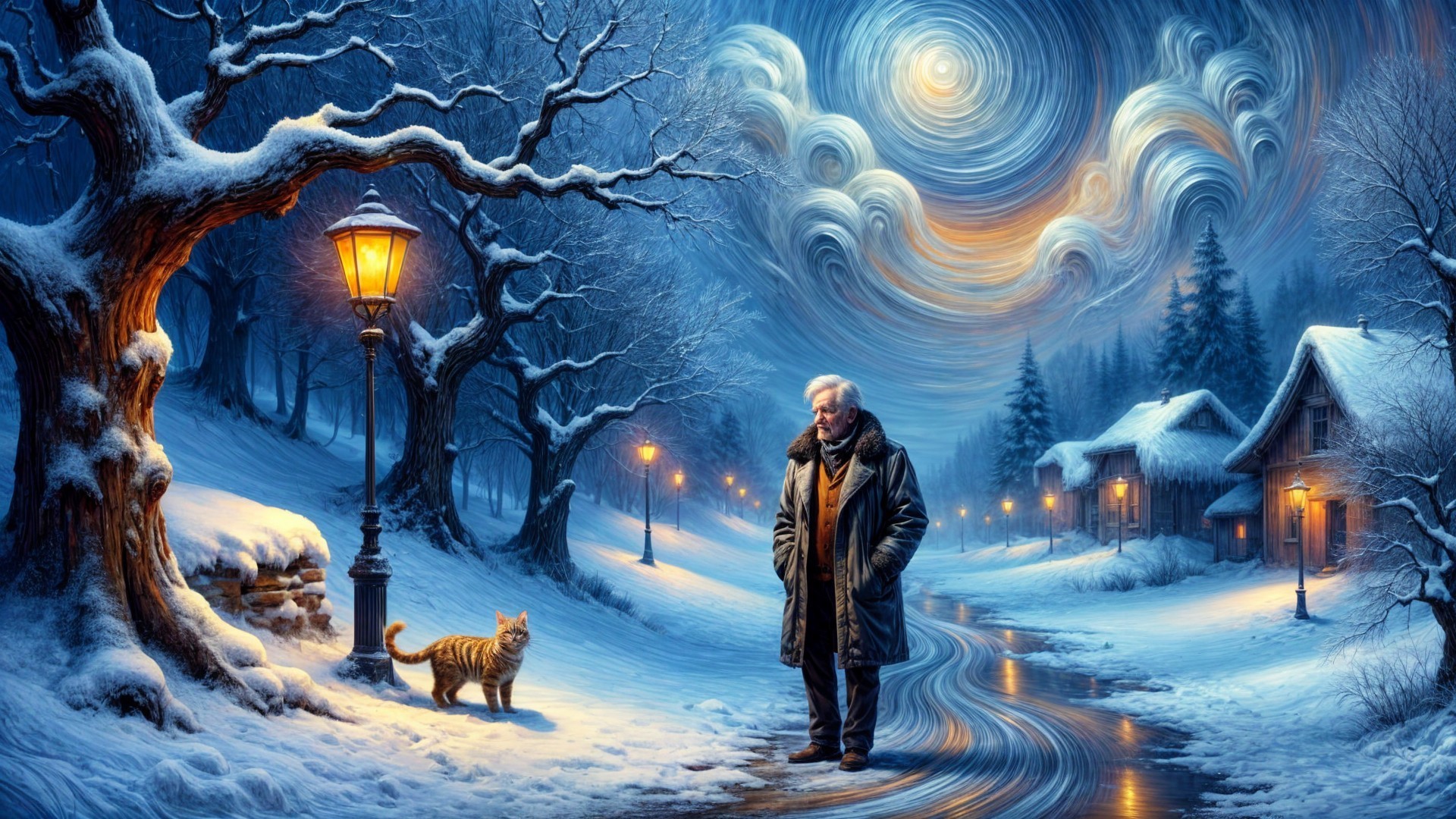Elderly Man and Cat in Snowy Night Landscape
